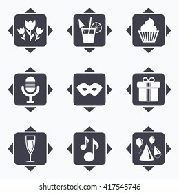 Icons with direction arrows. Party celebration, birthday icons. Cocktail, air balloon and champagne glass signs. Gift box, flowers and carnival symbols. Square buttons.