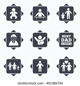 Icons with direction arrows. People, family icons. Swimming pool, love and children signs. Best dad, father and mother symbols. Square buttons.