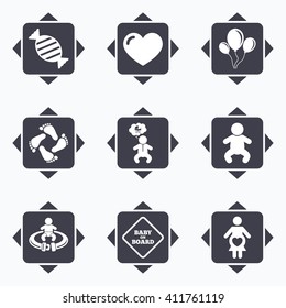 Icons with direction arrows. Pregnancy, maternity and baby care icons. Candy, strollers and fasten seat belt signs. Footprint, love and balloon symbols. Square buttons.