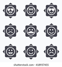 Icons with direction arrows. Smile icons. Happy, sad and wink faces signs. Sunglasses, mustache and laughing lol smiley symbols. Square buttons.