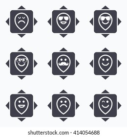 Icons with direction arrows. Smile pointers icons. Happy, sad and wink faces signs. Sunglasses, mustache and laughing lol smiley symbols. Square buttons.