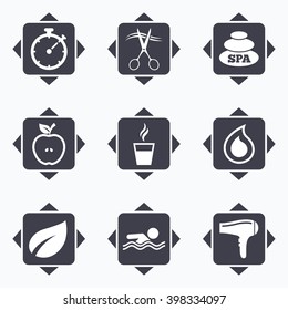 Icons with direction arrows. Spa, hairdressing icons. Swimming pool sign. Water drop, scissors and hairdryer symbols. Square buttons.