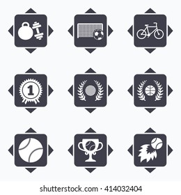 Icons with direction arrows. Sport games, fitness icons. Football, basketball and tennis signs. Golf, bike and winner medal symbols. Square buttons.