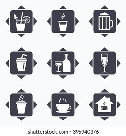Icons with direction arrows. Tea, coffee and beer icons. Beer, wine and cocktail signs. Take away drinks. Square buttons.