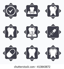 Icons with direction arrows. Tooth, dental care icons. Stomatology, syringe and implant signs. Healthy teeth, caries and pills symbols. Square buttons.