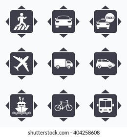 Icons with direction arrows. Transport icons. Car, bike, bus and taxi signs. Shipping delivery, pedestrian crossing symbols. Square buttons.