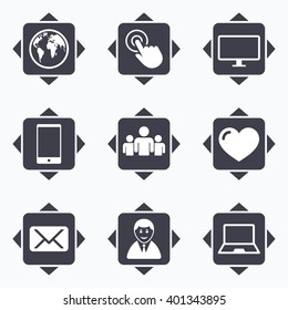 Icons with direction arrows. Web, mobile devices icons. Share, mail and like signs. Laptop, phone and monitor symbols. Square buttons.