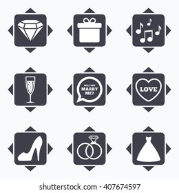 Icons with direction arrows. Wedding, engagement icons. Rings, gift box and brilliant signs. Dress, shoes and musical notes symbols. Square buttons.