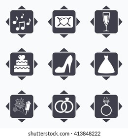 Icons with direction arrows. Wedding, engagement icons. Cake with heart, gift box and vow love letter signs. Dress, fireworks and musical notes symbols. Square buttons.