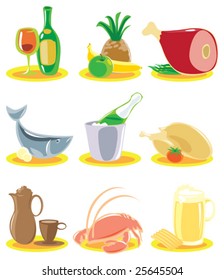 Icons with dishes for restaurant menu. Vector illustration.