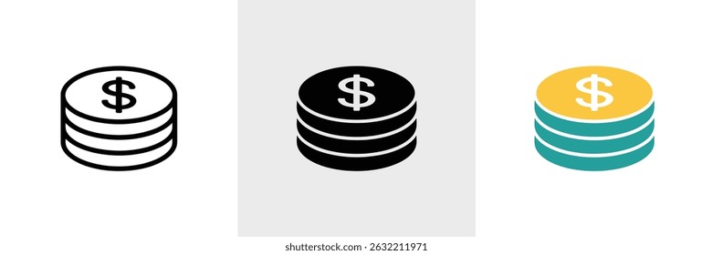Icons displaying a stack of three coins, each bearing a dollar sign. Available in line art, solid fill, and color fill variants isolated.