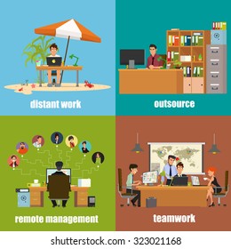 icons: distant work, remote management, outsource and teamwork. Vector illustration in a flat style.