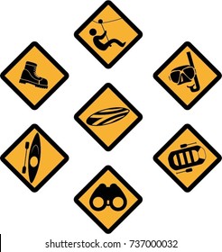 Icons of diverse outdoor activities you can do while traveling in tropical countries. Vector illustration fully editable and with raod sign aspect. Ideal to put on maps or travel brochures.