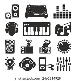 Icons of DJ staff and musical equipment set.
