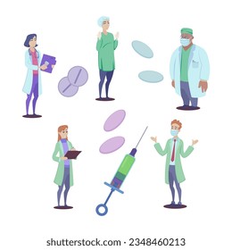 Icons of doctors with pills and syringe vector illustrations set. Nurses, surgeons or medical professionals with vaccine syringe and prescription medicine. Medicine, healthcare, treatment concept