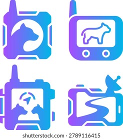 Icons for dog GPS tracker, pet locator, electronic collar, map, satellite, communication device.