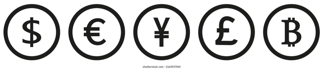 Icons dollar, pound, euro, yuan, bitcoin. Vector image of five world currencies. Isolated on a white background. eps10