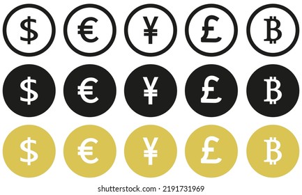 Icons dollar, pound, euro, yuan, bitcoin. Internet flat icon symbol for applications. eps10