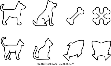 icons of domestic animals, dog and cat pets, bones and fish.