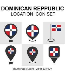 Ícones da República Dominicana incluindo marcadores de bandeiras e mapas projetados para guias de viagem, mapas e visuais educacionais.