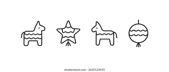 Ícones de Piñata: esboços de burro e estrela em design minimalista.