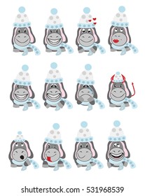Icons of donkeys in winter hats depicting various types of emotions.