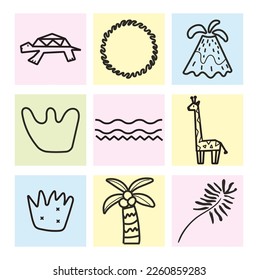 icons doodle set tropic with giraffe, turtle