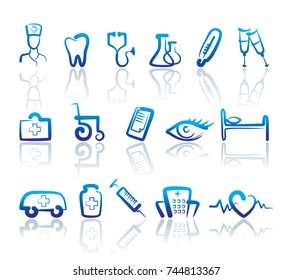 Icons with doodles medicine symbols. Vector illustration