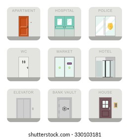 Icons doors for different purposes in flat style.
