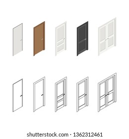 Icons of doors, isometric views of color or lines drawings. Illustration of set with different doors.