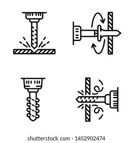 Iconos de perforación. Contorno de herramientas para la perforación y el proceso de perforación de agujeros, tornillos de apriete, taladros en el paño, iconos vectoriales aislados en fondo blanco.