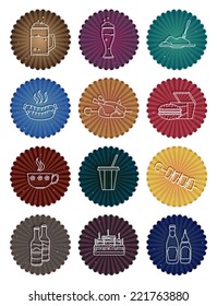 Icons of Drinks, snack, desserts on round striped backgrounds. Labels with fastfood symbols