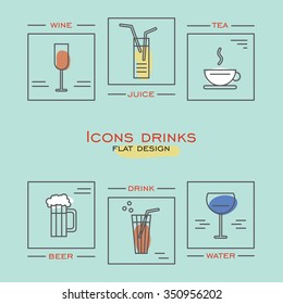 Icons drinks in style flat design.Gray lines.