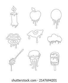 Icons with drops, small tattoo, paint drips, continuous line drawing, print for clothes and logo design, emblem or logo design, silhouette one single line, isolated abstract vector illustration.