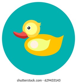 Icons duck of toys in the flat style. Vector image on a round colored background. Element of design, interface