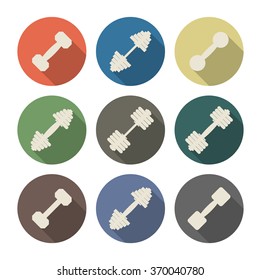 Icons dumbbell with a long diagonal shadow isolated on white background, second part, vector illustration.