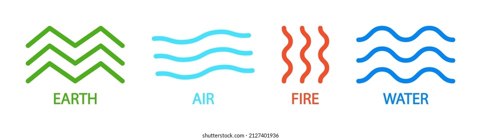 Icons of earth, fire, water and air. Four line elements. Symbol of earth, fire, water and air. Patterns of environment with 4 logos. Nature concept. Vector.