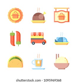 Icons Eat with fish, chili, taco and tea