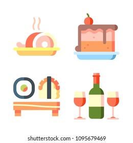 Icons Eat with meat, wine, cake and sushi