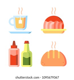 Icons Eat with tea, spaghetti, bread and sauces