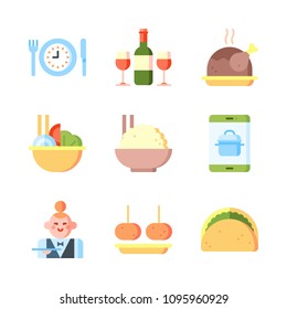 Icons Eat with waitress, rice, croquette and app