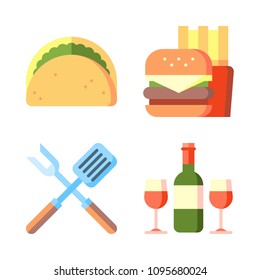 Icons Eat with wine, spatula, taco and fast food