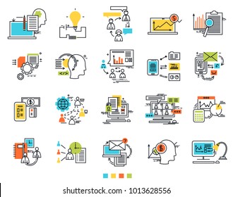 Icons for e-business. Engineering idea icons. Sosial media. The thin contour lines with color fills.