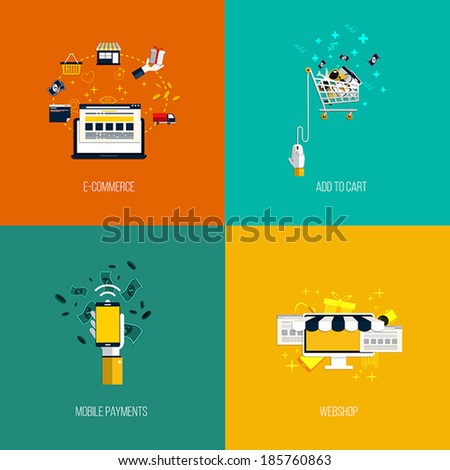Icons for e-commerce, add to cart, mobile payments and webshop. Flat style. Vector