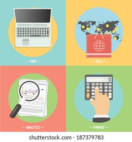 Icons for e-commerce, online shopping, shop, sale, finance, analytics, business tools