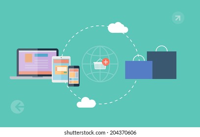 icons of e-commerce symbols, internet shopping elements and objects. Flat design, vector illustration