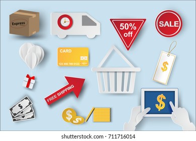 Icons of e-commerce symbols. Internet shopping online concept. Delivery Express network Elements and objects in isolate blue color background.Creative paper art and craft style.vector.illustration.