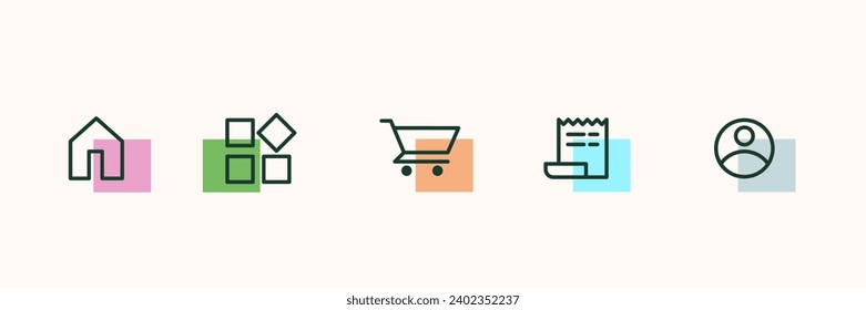 Icons for E-commerce website set. Home, categories, cart, receipt, profile. Business. Vector illustration