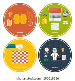 Icons for education, headwork, strategy planning, business tools. Concept of different icons in flat design