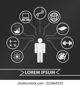Icons education on black background. Silhouette of a man surrounded by icons of education.